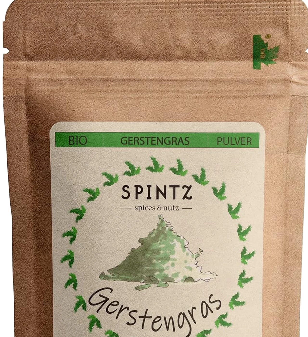 Detail der SPINTZ Gerstengras-Verpackung mit Kraftpapieroberfläche und Verschluss