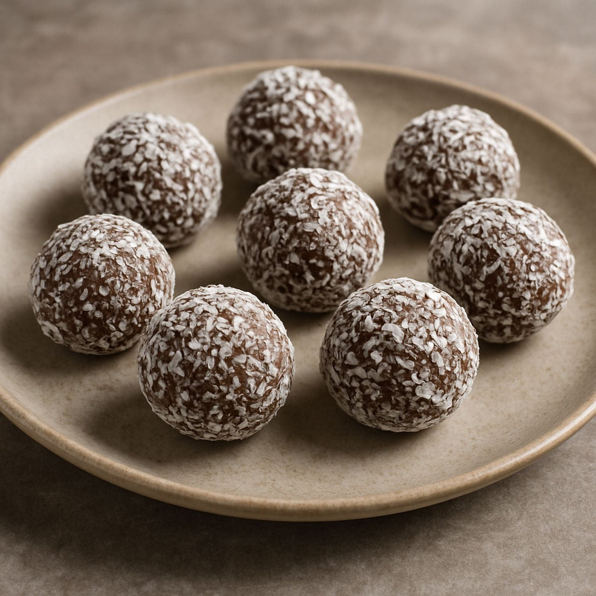 Ashwagandha Energy Balls mit SPINTZ Ashwagandha, Kakao, Datteln, Mandeln und Kokosflocken – gesunder Snack mit adaptogener Wirkung.