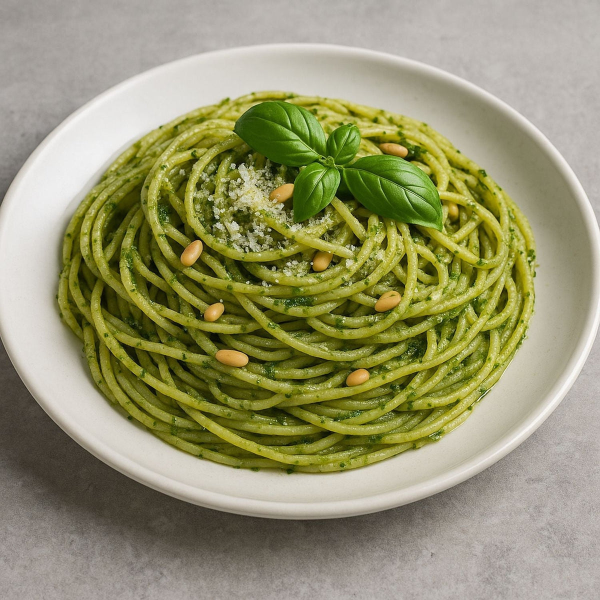 Basilikum-Pesto-Nudeln mit SPINTZ Basilikum, Parmesan, Pinienkernen und Olivenöl, serviert auf weißem Teller.
