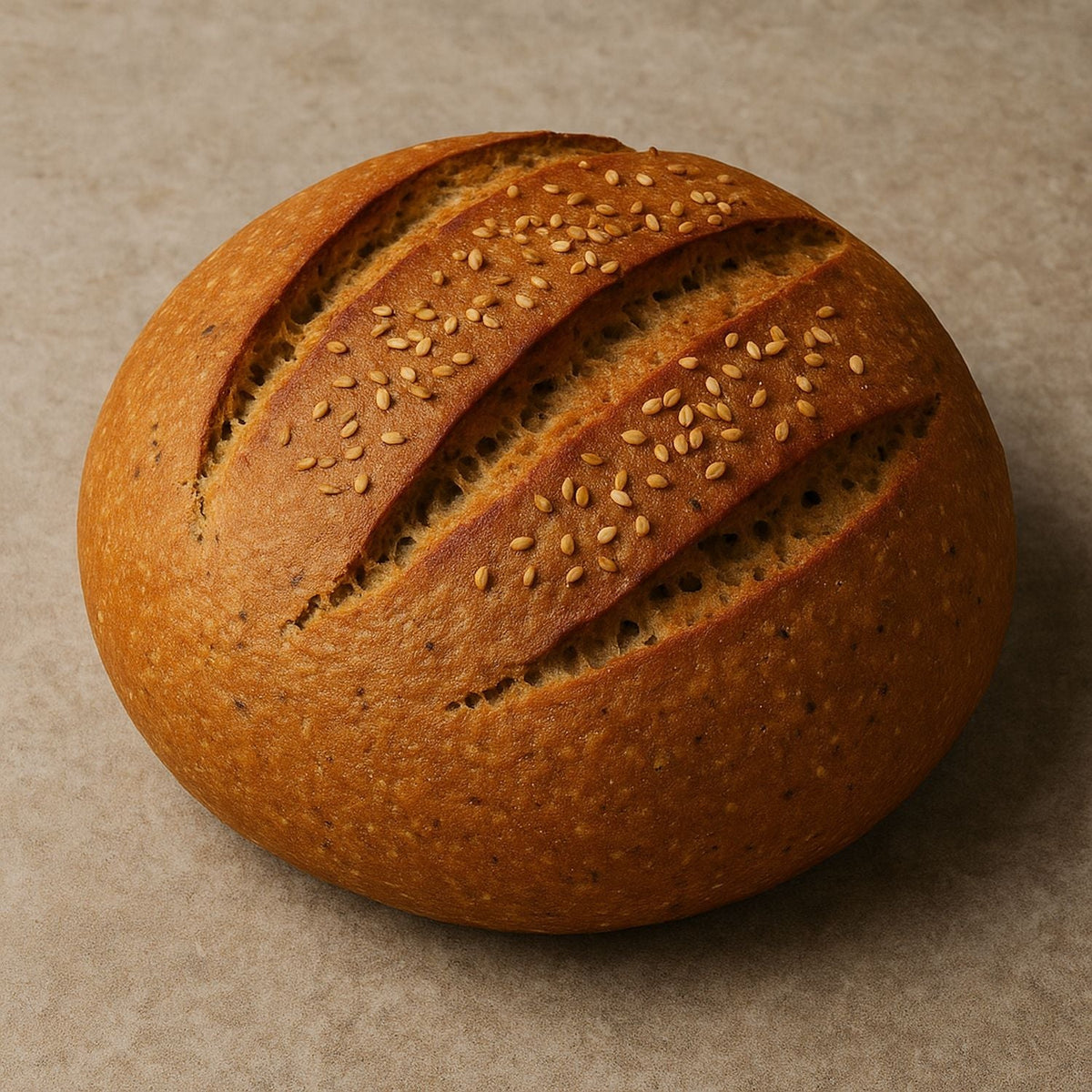 Bockshornklee-Gewürzbrot mit SPINTZ Bockshornklee, goldbrauner Kruste, Sesam-Topping und aromatischer Würze.