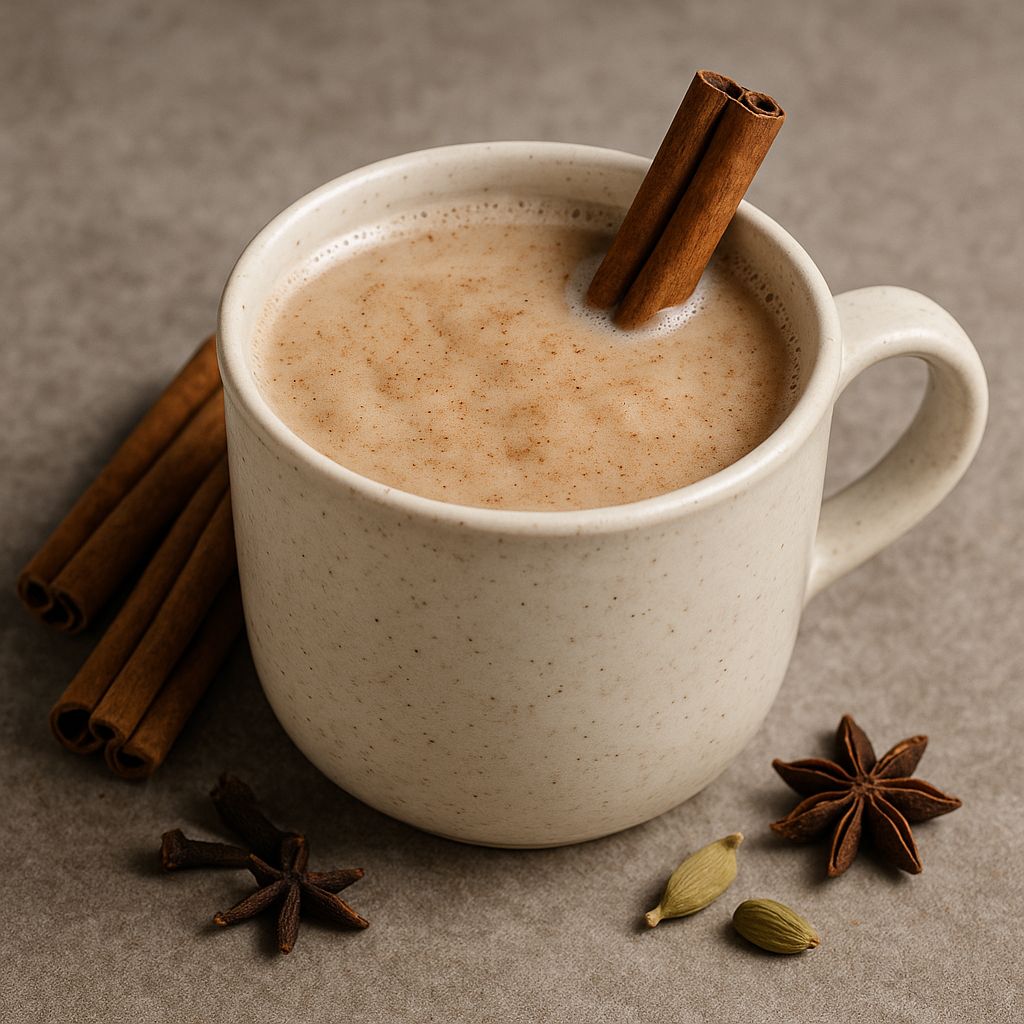 Ceylon Zimt-Stangen Chai Latte mit SPINTZ Ceylon Zimt Stangen, cremigem Milchschaum, Kardamom, Nelken und Sternanis in einer Keramiktasse serviert.