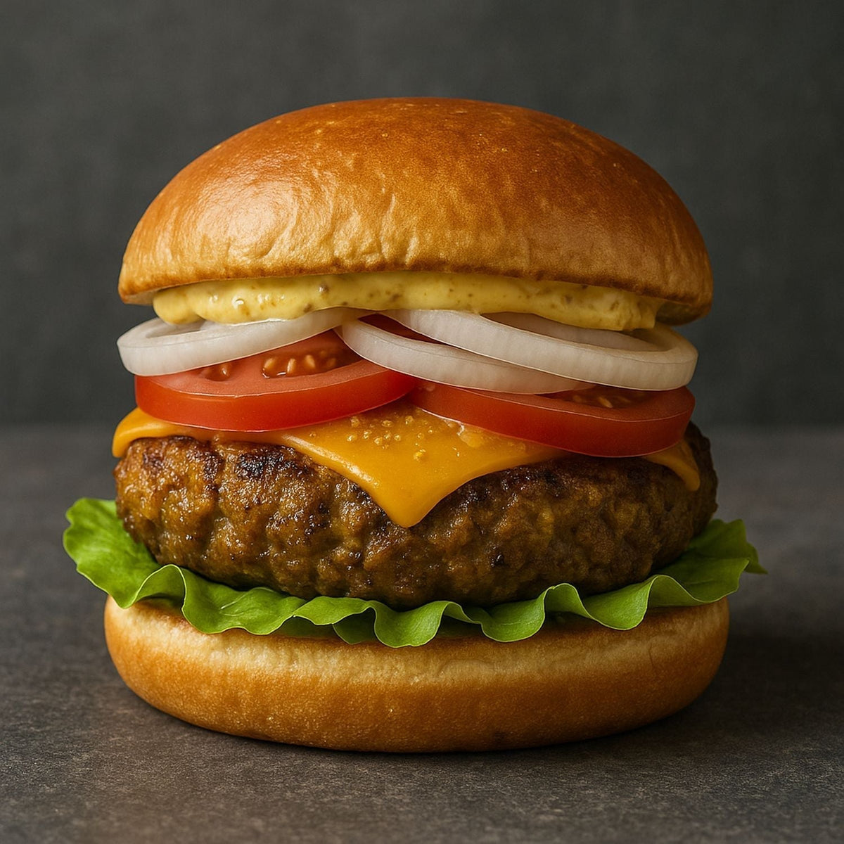 Curry Englisch Burger mit SPINTZ Curry Englisch Gewürzmischung, saftigem Rinderpatty, Cheddar, Salat, Tomaten, Zwiebelringen und Curry-Mayonnaise.