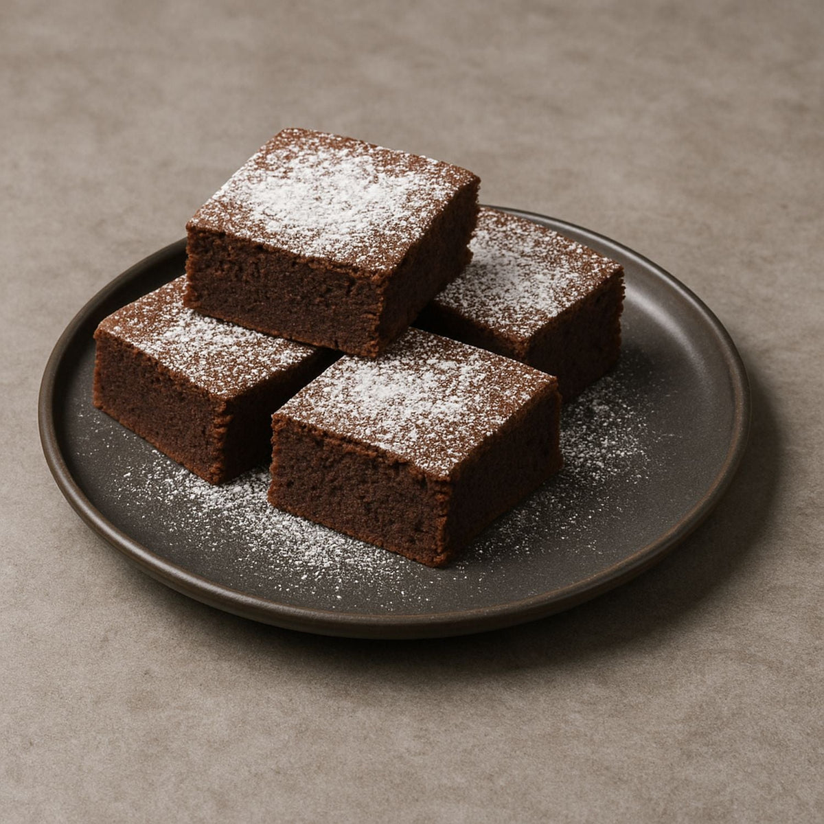 Gewürz-Nelken-Brownies mit SPINTZ gemahlenen Nelken, saftigem Schokoladenteig und Puderzucker, serviert auf einem dunklen Keramikteller.