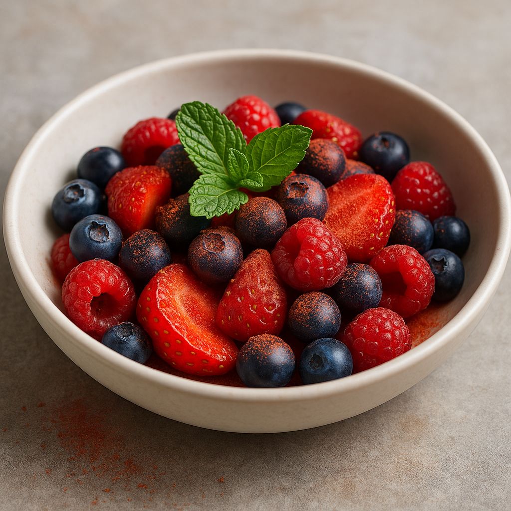 Hagebutten-Pulver-Fruchtsalat mit SPINTZ Hagebutten Pulver, frischen Erdbeeren, Heidelbeeren und Himbeeren, verfeinert mit Honig und Minze.