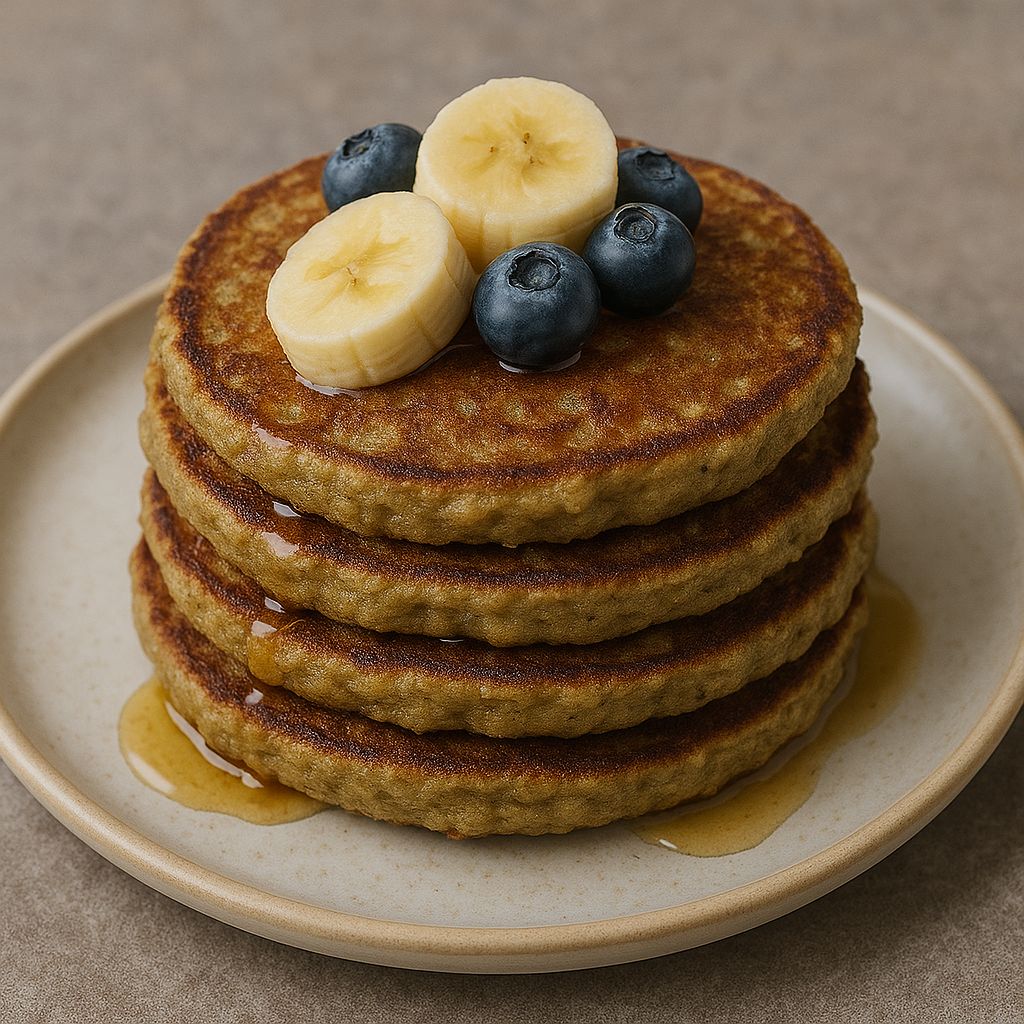 Hanfprotein-Bananen-Pfannkuchen mit Bio Hanfprotein Pulver von SPINTZ, goldbraun gebacken, garniert mit frischen Bananenscheiben, Blaubeeren und Ahornsirup.