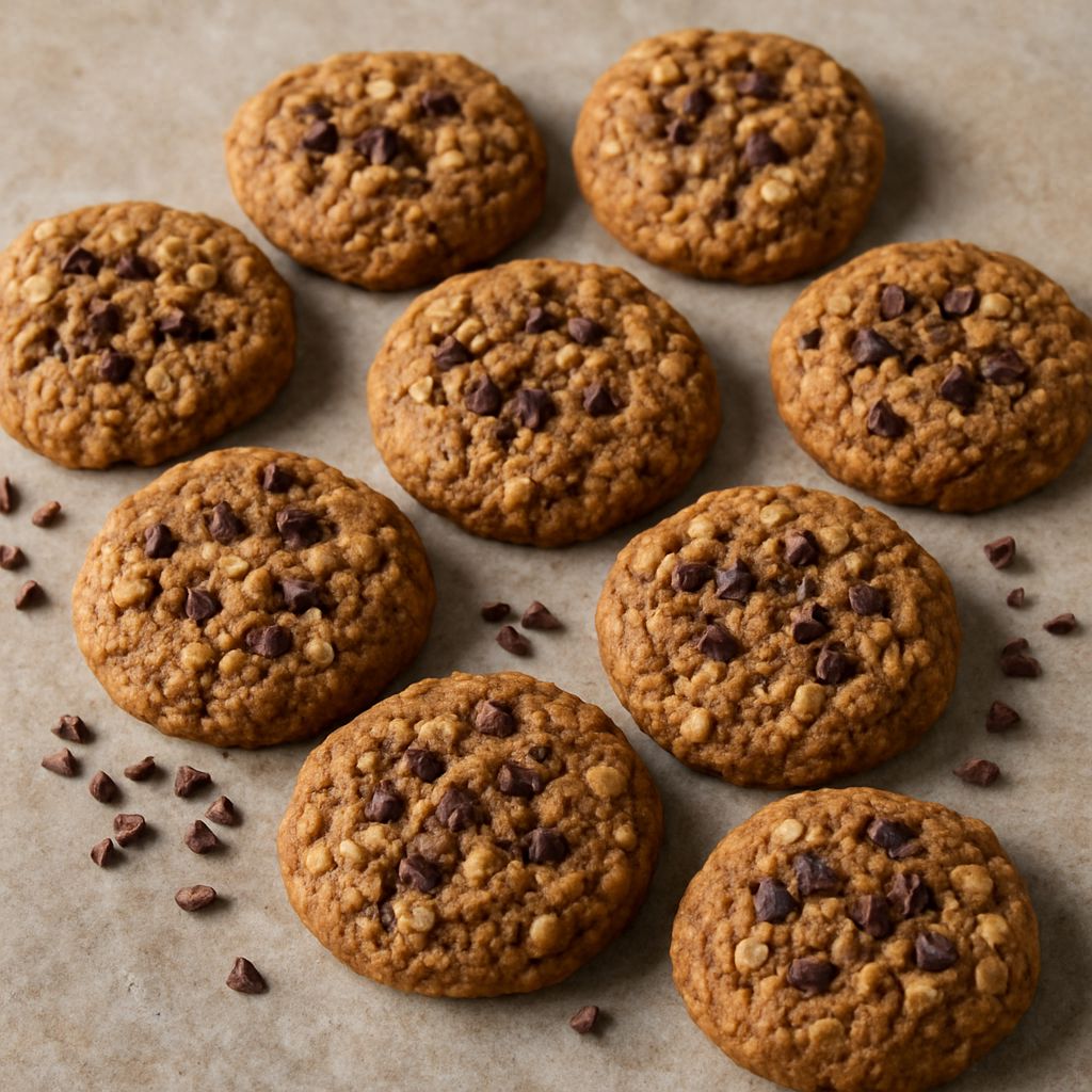 Kakao Nibs-Haferflocken-Cookies mit SPINTZ Kakao Nibs, goldbraun gebacken, mit knusprigen Haferflocken und Schokoladenstücken auf Backpapier.