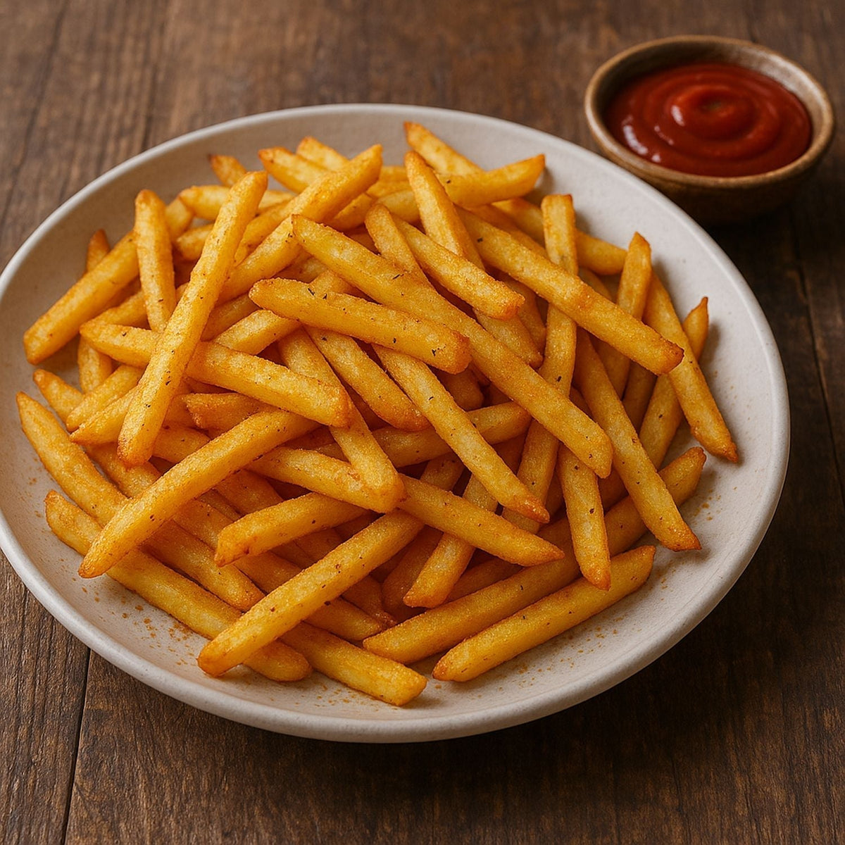 Knusprige Pommes mit SPINTZ Pommeswürzsalz, goldbraun gebacken, serviert auf Keramikteller mit Ketchup im Schälchen.
