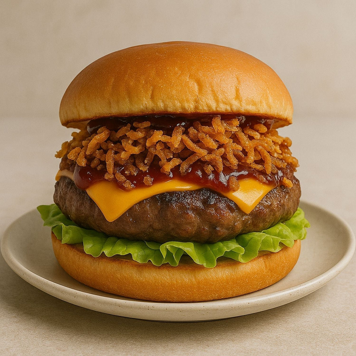 Knuspriger Röstzwiebel-Burger mit SPINTZ Röstzwiebeln, saftigem Rinderpatty, geschmolzenem Cheddar, Eisbergsalat und Barbecue-Sauce im goldbraunen Burgerbrötchen.