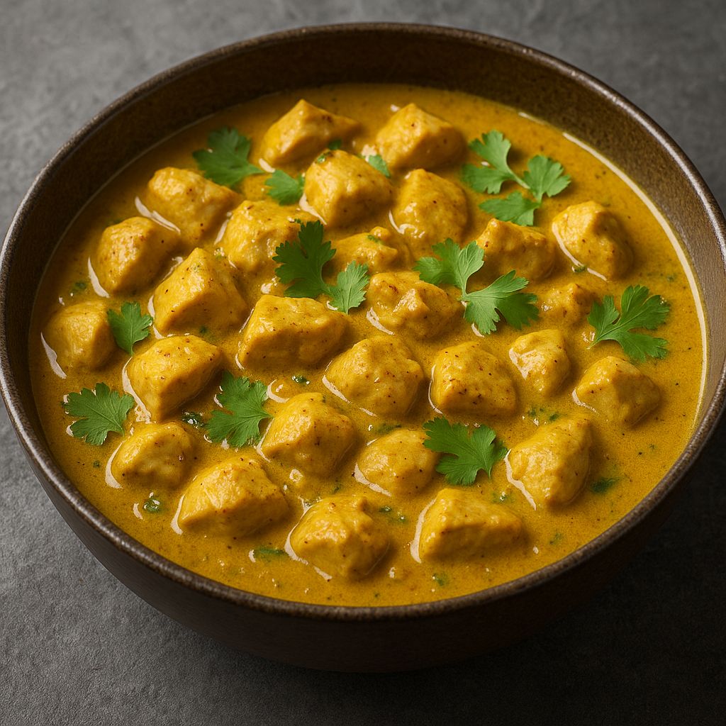 Koriander-Kokosnuss-Hühnchen-Curry mit SPINTZ Koriander Pulver, zarten Hähnchenstücken in cremiger Kokosmilch-Soße, garniert mit frischem Koriander.