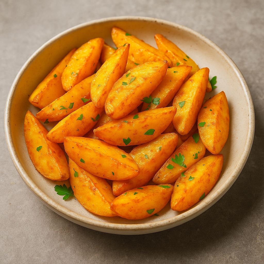 Kurkuma-Kartoffel-Wedges mit SPINTZ Kurkuma Pulver, intensiv orange-gelb, knusprig gebacken und mit frischer Petersilie garniert.