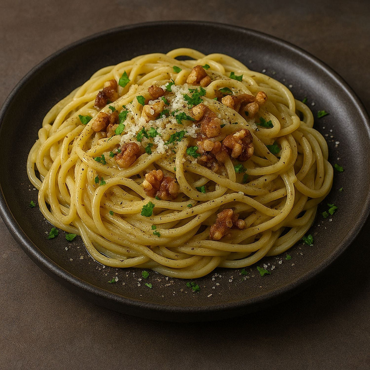 Macis-Walnuss-Pasta mit SPINTZ Macis Pulver, gerösteten Walnüssen, Parmesan und Petersilie auf dunklem Keramikteller.