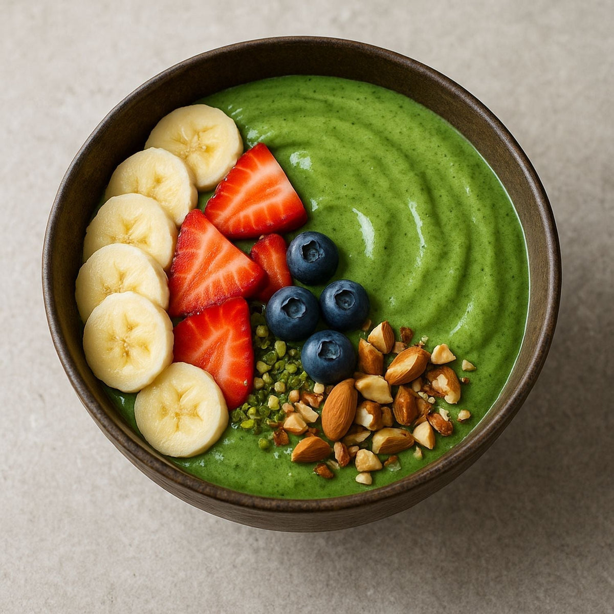 Moringa Smoothie Bowl mit SPINTZ Moringa Pulver, Bananen, Spinat, Joghurt und Mandelmilch, garniert mit frischem Obst und Nüssen.
