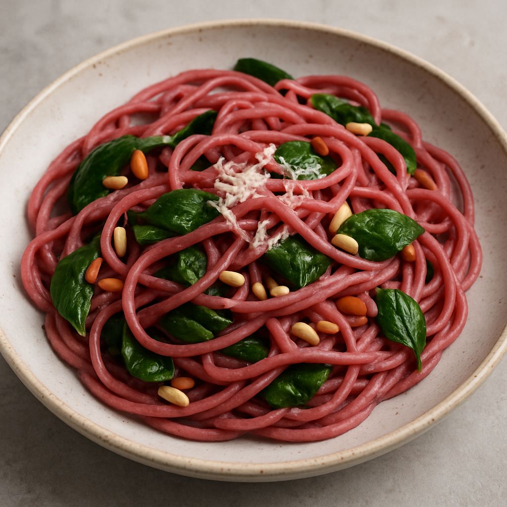 Rote-Bete-Pasta mit SPINTZ Rote Beete gemahlen, dezenter Rotfärbung, frischem Spinat mit reduziertem Glanz, Pinienkernen und Parmesan.