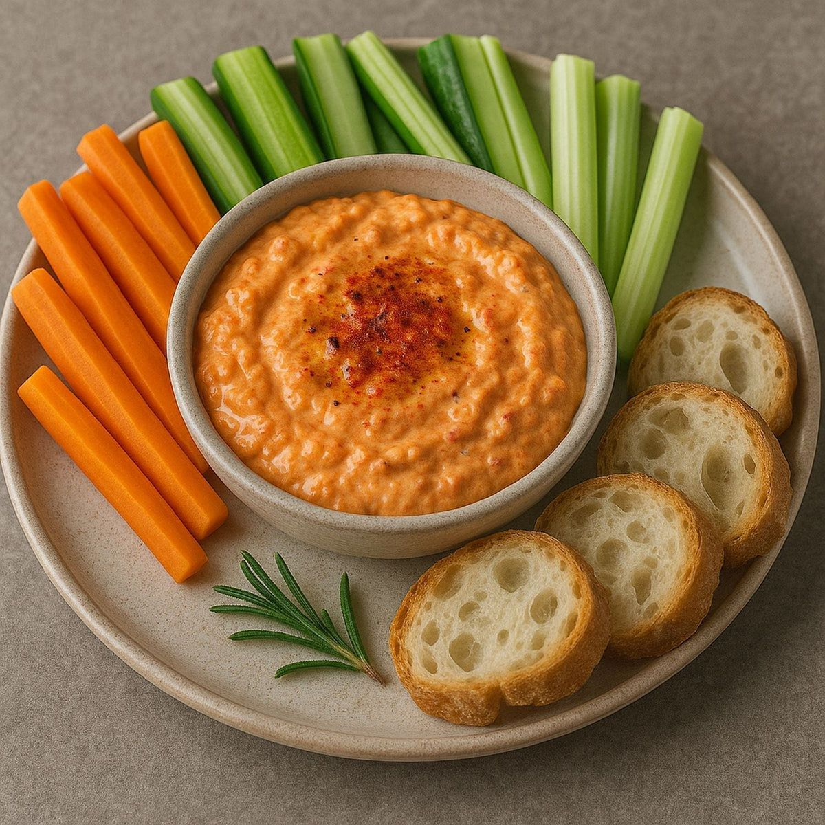 Cremiger scharfer Paprika-Dip mit SPINTZ Paprika scharf, serviert mit frischem Gemüse und knusprigem Baguette.
