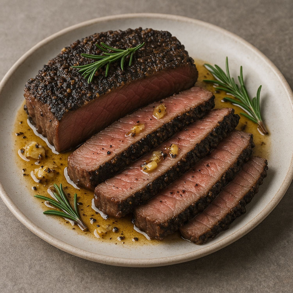 Medium-rare Steak mit Schwarzer Pfefferkruste, Knoblauch-Rosmarin-Butter und SPINTZ Schwarzem Pfeffer, perfekt angerichtet auf einem Teller.