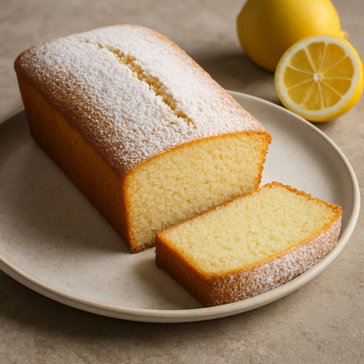 Zitronenkuchen mit SPINTZ Bio Weinsteinpulver, goldbrauner Kruste, Puderzucker und saftigem Inneren, serviert auf Teller mit frischen Zitronen.