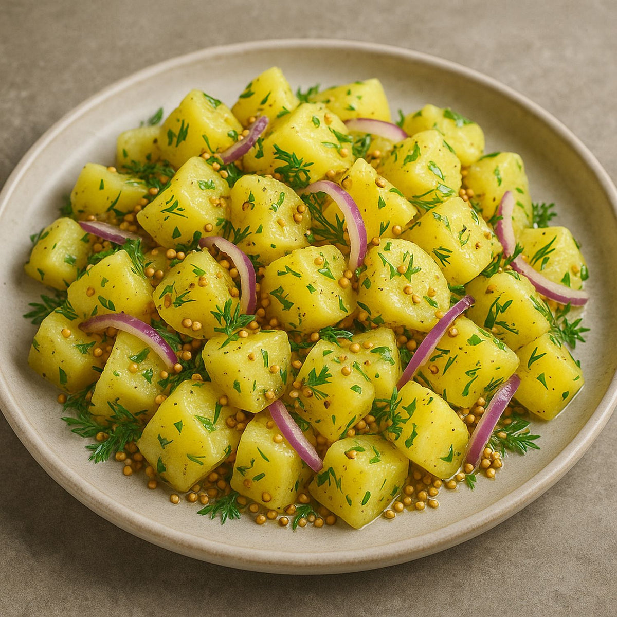 SPINTZ Senf-Dill-Kartoffelsalat: goldene Kartoffelwürfel mit ganzen Senfkörnern, frischem Dill, roten Zwiebeln, Olivenöl und Weißweinessig – frisch angerichtet ohne Verpackung.