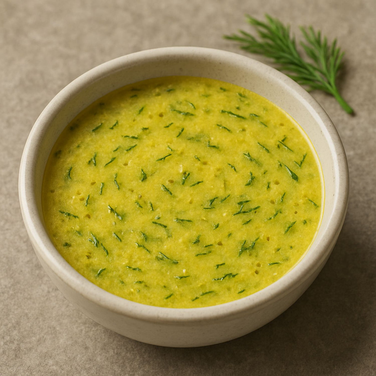SPINTZ Senfmehl-Dill-Dressing: cremige gelbe Sauce mit frischem Dill, Olivenöl, Zitronensaft und Honig – serviert in einer Keramikschale.