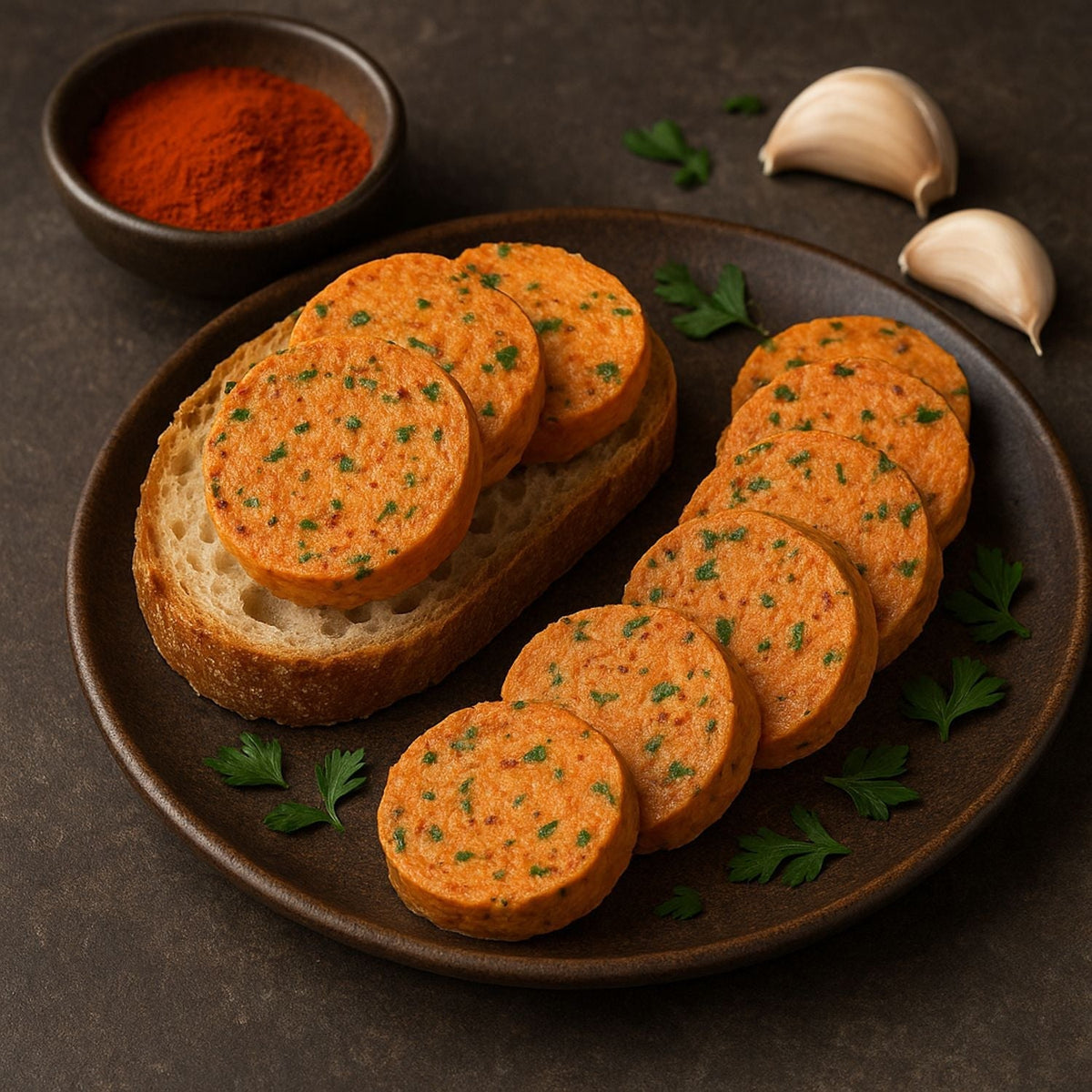 SPINTZ Tomatenpulver-Knoblauchbutter – cremige Butter verfeinert mit Tomatenpulver, frischem Knoblauch und Petersilie, serviert in Scheiben auf knusprigem Brot.