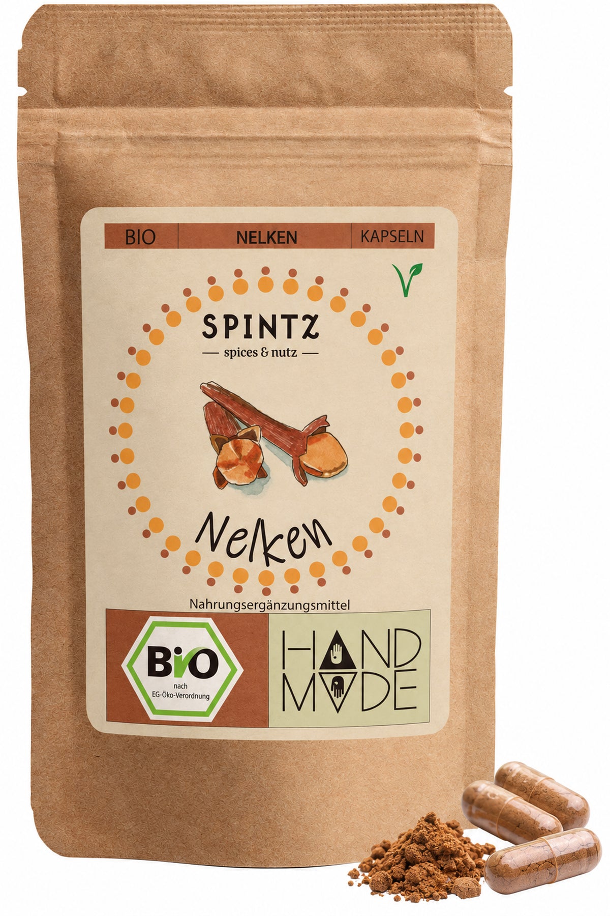 SPINTZ Bio-Nelken-Kapseln im Kraftpapierbeutel mit Kapseln und Nelkenpulver im Vordergrund.