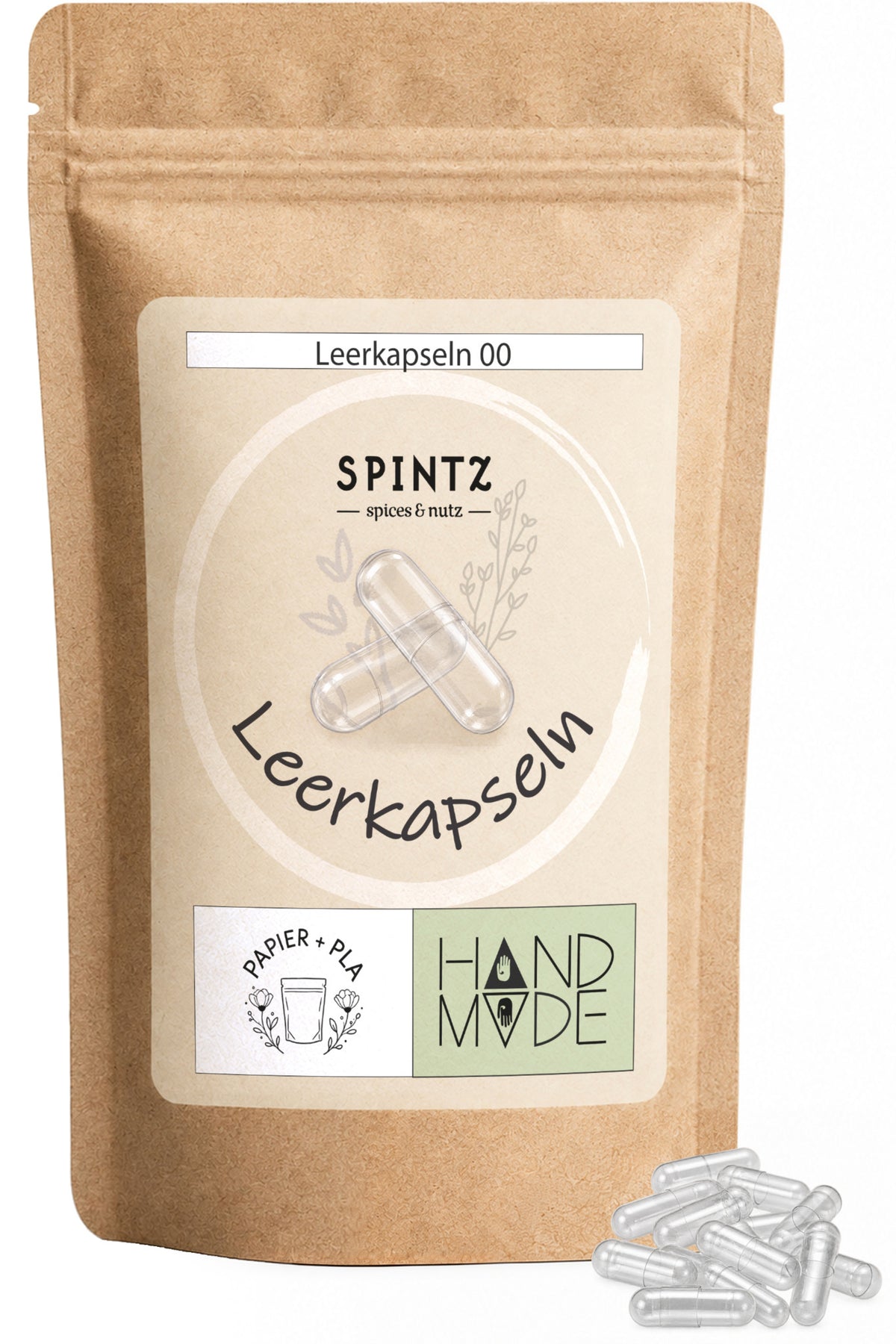 SPINTZ Leerkapseln Größe 00 im Kraftpapierbeutel mit transparenten Kapselhüllen im Vordergrund.