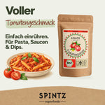 SPINTZ Bio-Tomatenpulver zum Einrühren in Pasta, Saucen und Dips, neben Nudeln mit Tomatensauce.