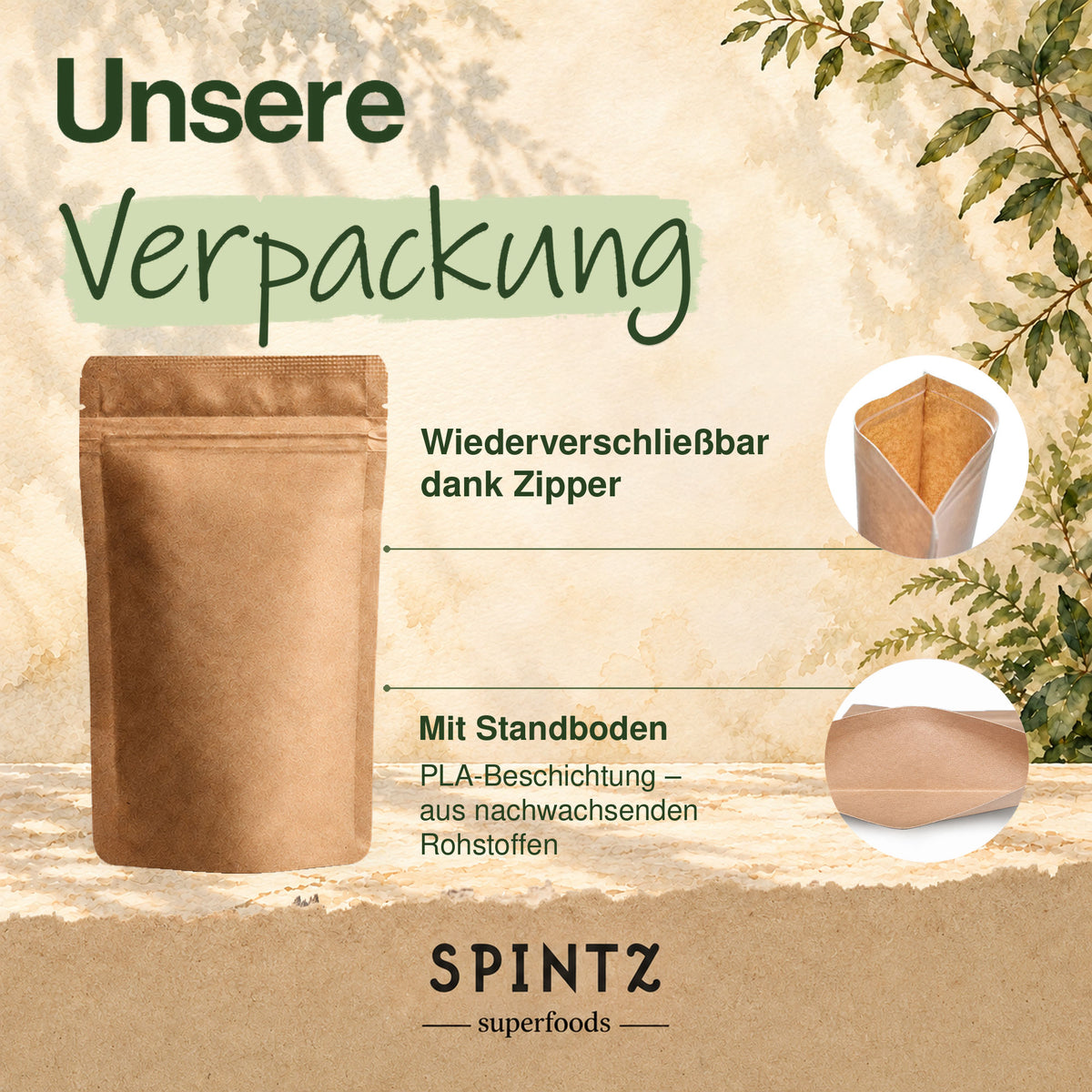 Verpackung der SPINTZ Bio-Chlorella-Presslinge mit Zipper, Standboden und PLA-Beschichtung aus nachwachsenden Rohstoffen.
