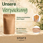 Verpackung der SPINTZ Bio-Chlorella-Presslinge mit Zipper, Standboden und PLA-Beschichtung aus nachwachsenden Rohstoffen.