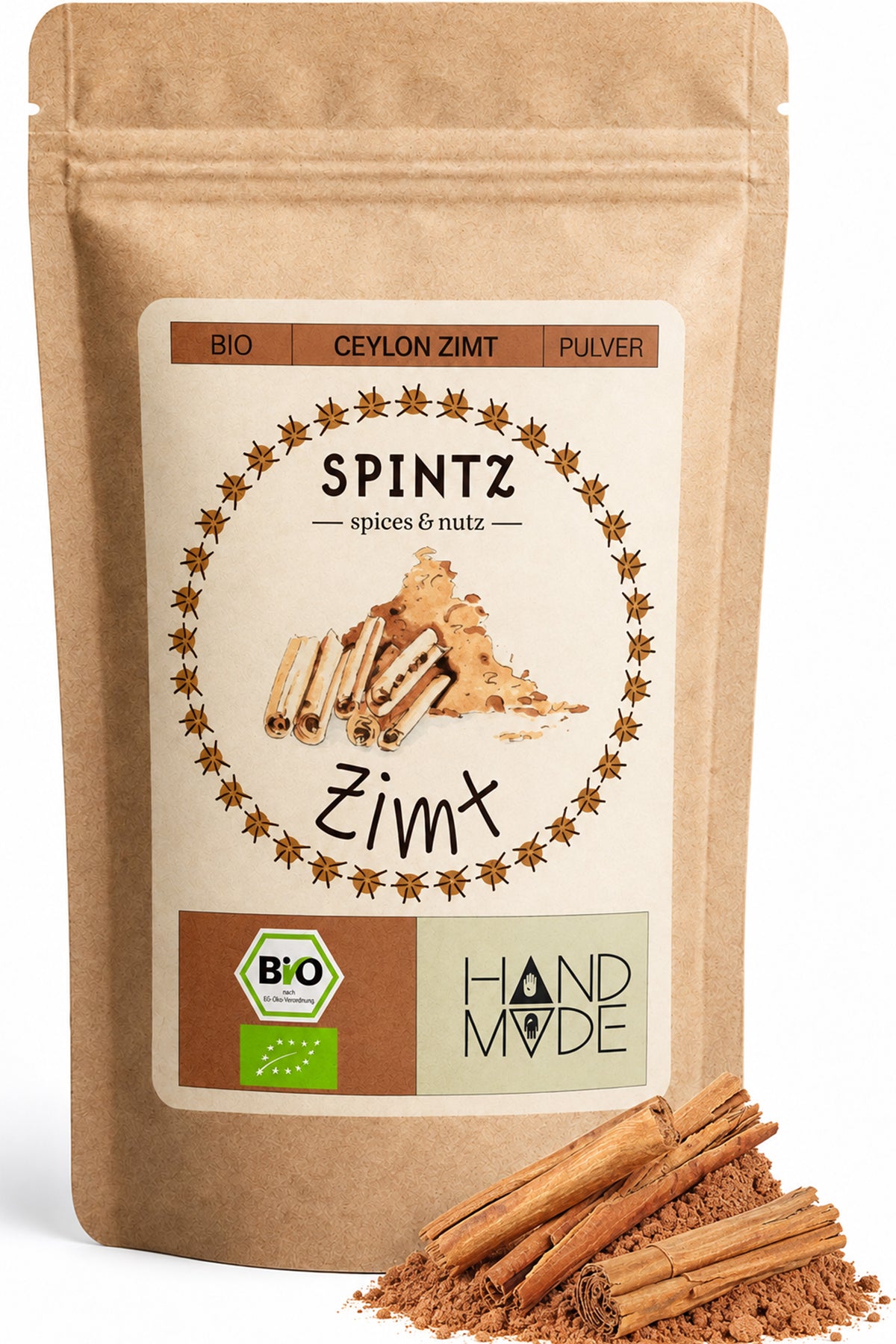 SPINTZ Bio-Ceylon-Zimt im Kraftpapierbeutel mit Zimtstangen und gemahlenem Zimtpulver – Vorderansicht.