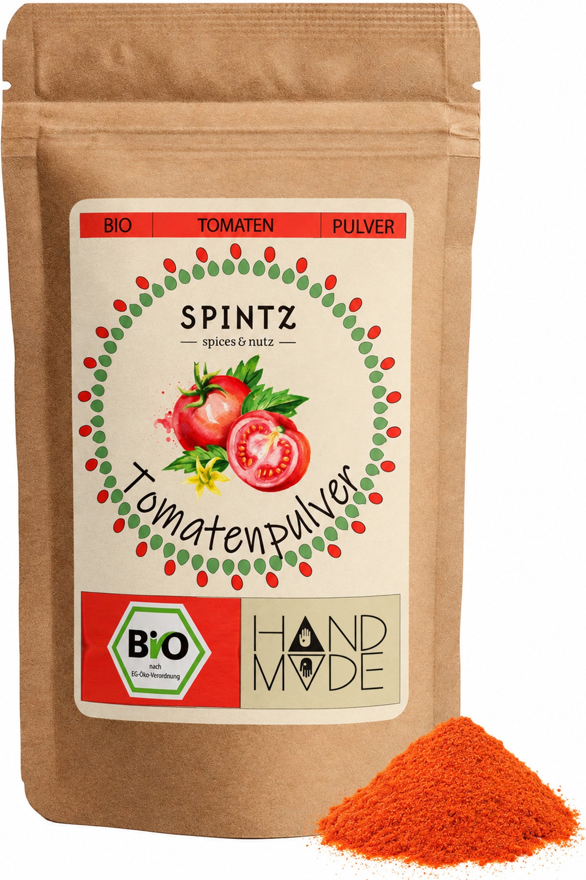SPINTZ Bio-Tomatenpulver im Kraftpapierbeutel mit rotem Tomatenpulver im Vordergrund.