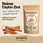 SPINTZ Bio-Ceylon-Zimt mit illustrierten Zimtstangen und dem Hinweis „von Natur aus cumarinarm“.