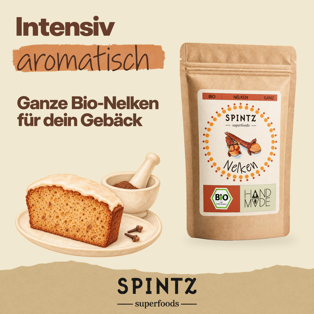Ganze SPINTZ Bio-Nelken zum Würzen von Gebäck, dargestellt mit Kuchen und Mörser.