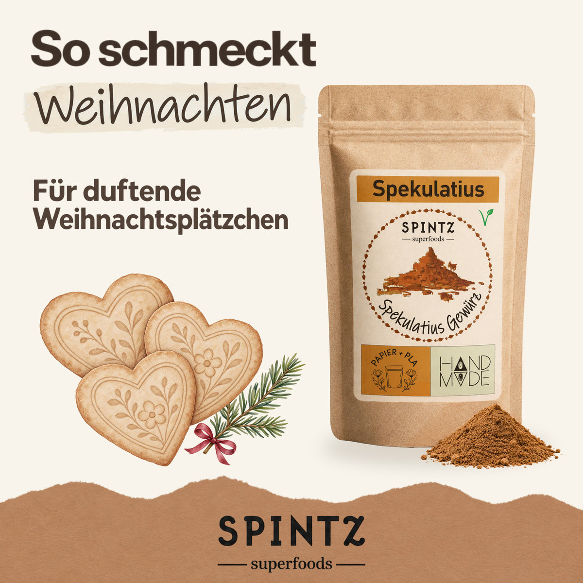 SPINTZ Spekulatiusgewürz für Weihnachtsplätzchen, dargestellt mit herzförmigen Keksen.