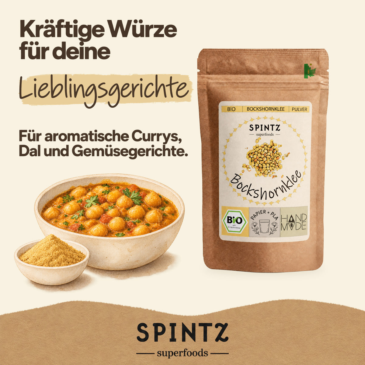 Fein gemahlener SPINTZ Bio-Bockshornklee zum Verfeinern von Speisen, dargestellt mit Brot und Dip.