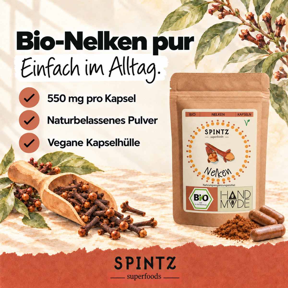 SPINTZ Bio-Nelken-Kapseln mit naturbelassenem Nelkenpulver und veganer Kapselhülle neben ganzen Gewürznelken.