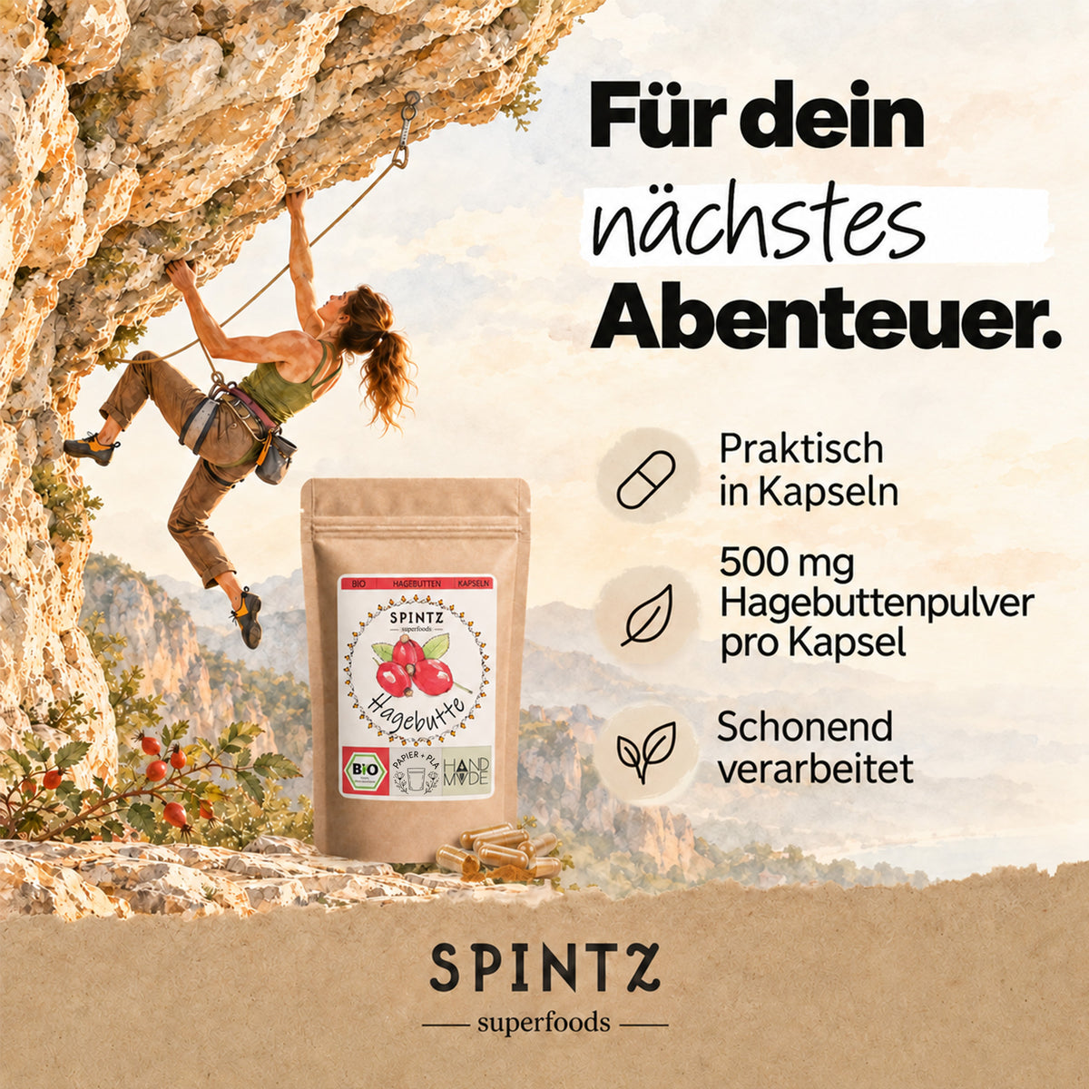 SPINTZ Bio-Hagebutten-Kapseln mit einer Person beim Bouldern in der Natur und Hinweisen zur praktischen Kapselform.