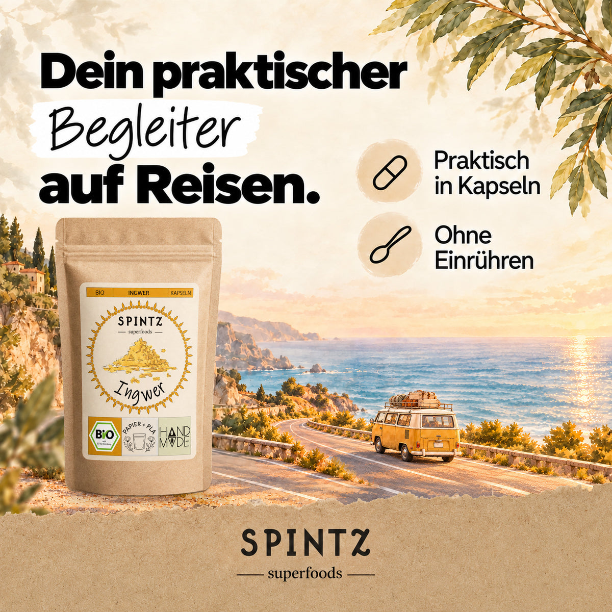SPINTZ Bio-Ingwer-Kapseln als praktischer Reisebegleiter vor einer Küstenlandschaft mit Wohnmobil.
