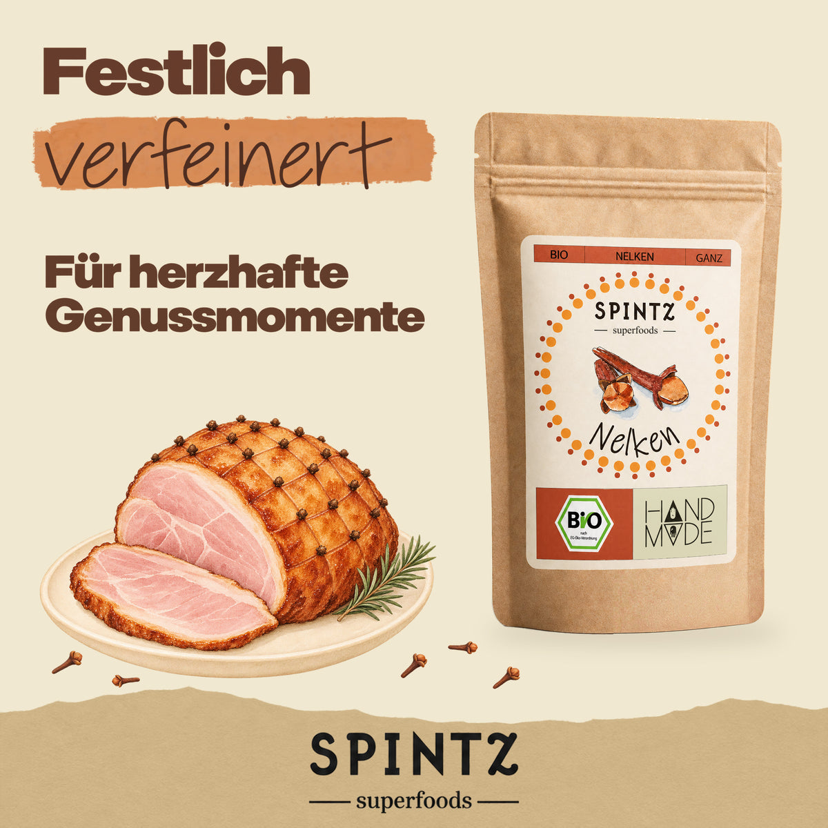 SPINTZ Bio-Nelken für herzhafte Gerichte, dargestellt mit einem mit Nelken gespickten Schinken.