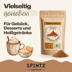 SPINTZ Spekulatiusgewürz für Gebäck, Desserts und Heißgetränke, neben einem Getränk mit Sahne und Keksen.