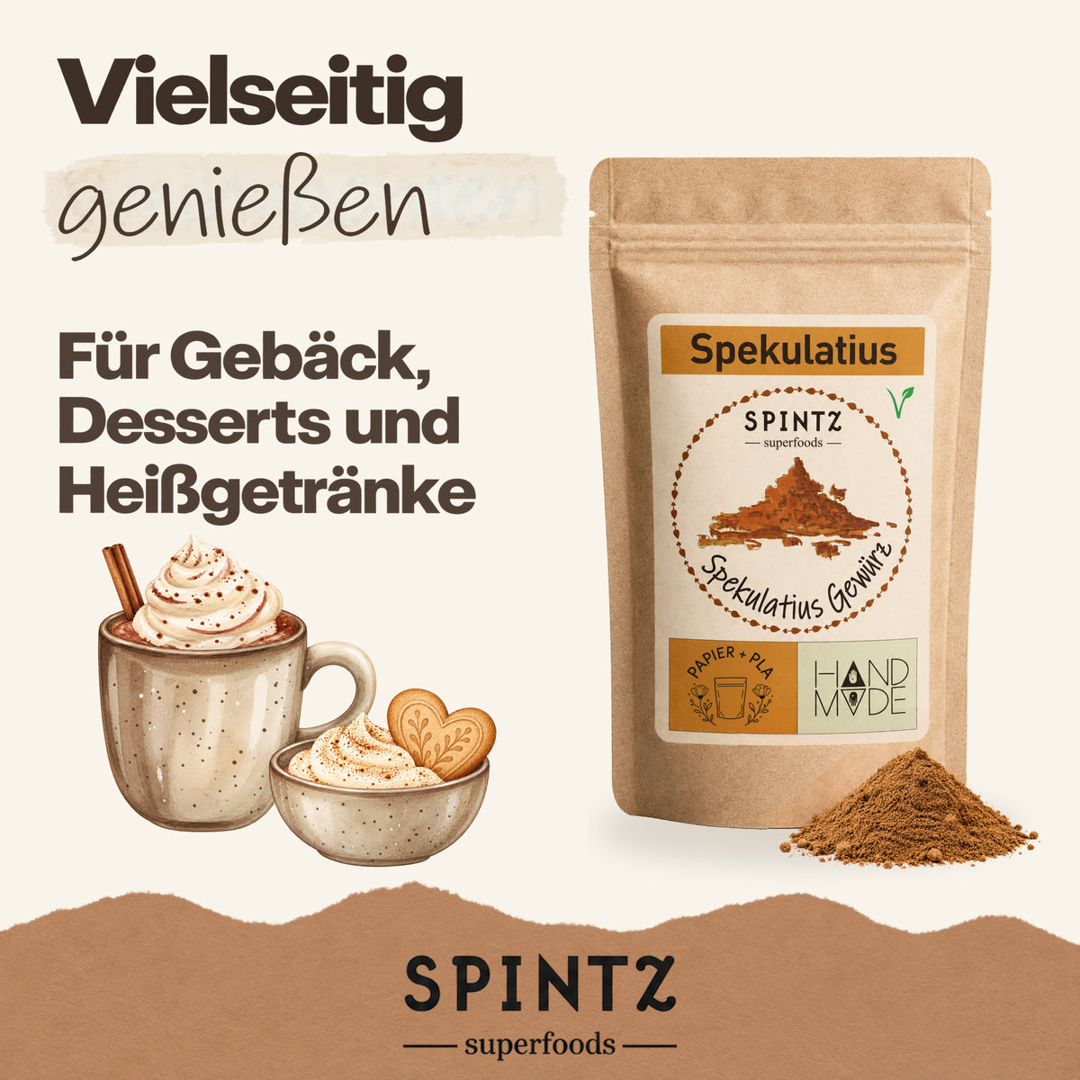 SPINTZ Spekulatiusgewürz für Gebäck, Desserts und Heißgetränke, neben einem Getränk mit Sahne und Keksen.