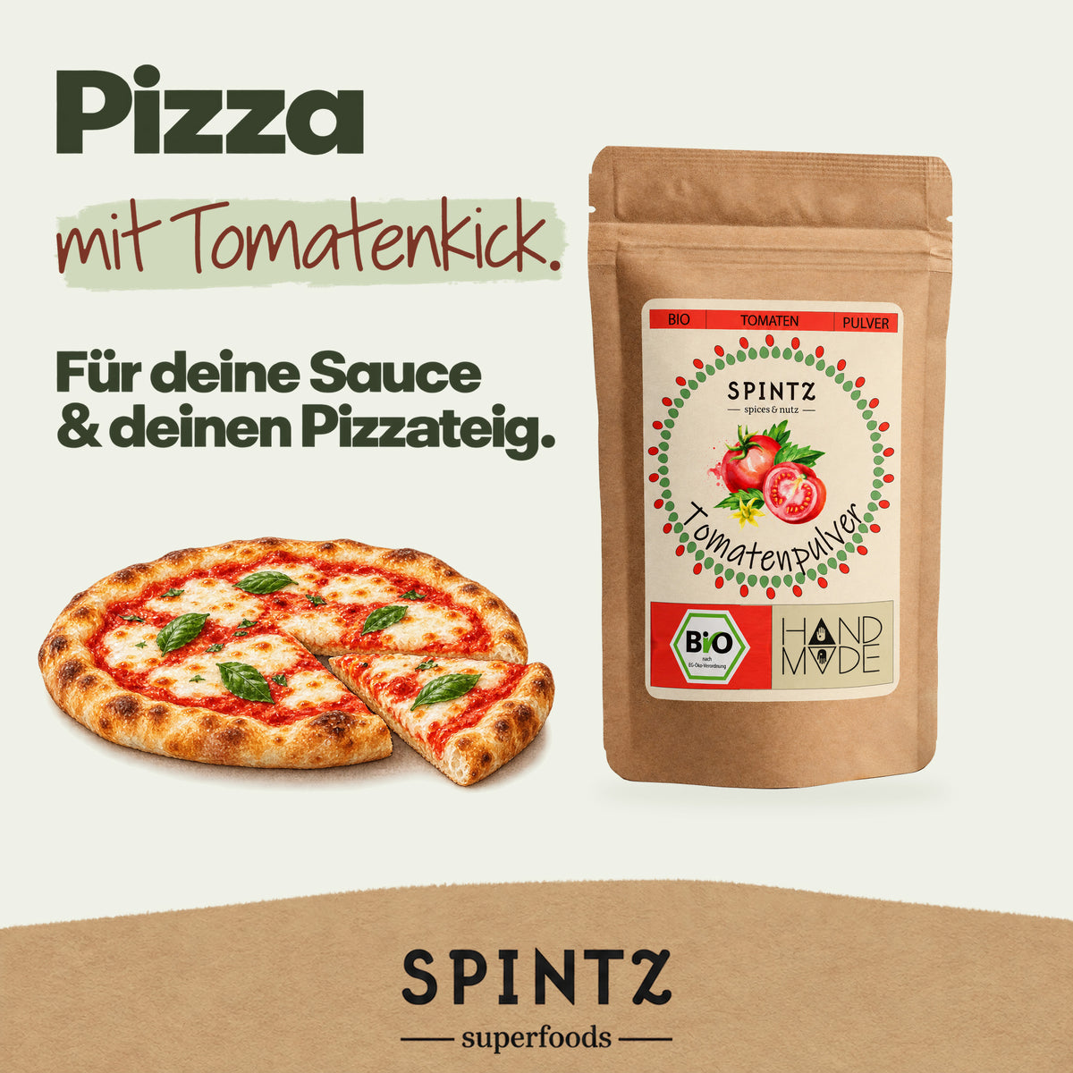 SPINTZ Bio-Tomatenpulver für Pizzasauce, neben einer Pizza mit Tomaten und Basilikum.