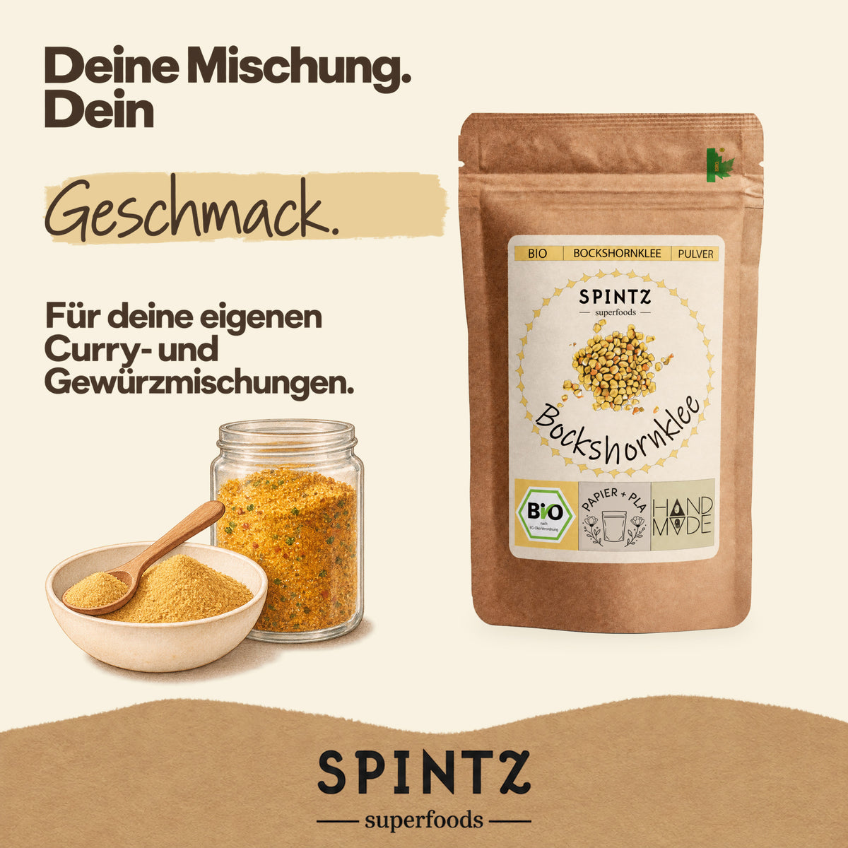 SPINTZ Bio-Bockshornklee für eigene Curry- und Gewürzmischungen, neben Gewürzglas und Holzlöffel.