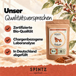 Qualitätsversprechen der SPINTZ Bio-Nelken-Kapseln: Bio-Qualität, chargenbezogene Laboranalyse und Abfüllung in Deutschland.