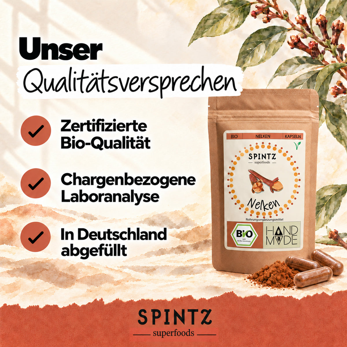 Qualitätsversprechen der SPINTZ Bio-Nelken-Kapseln: Bio-Qualität, chargenbezogene Laboranalyse und Abfüllung in Deutschland.