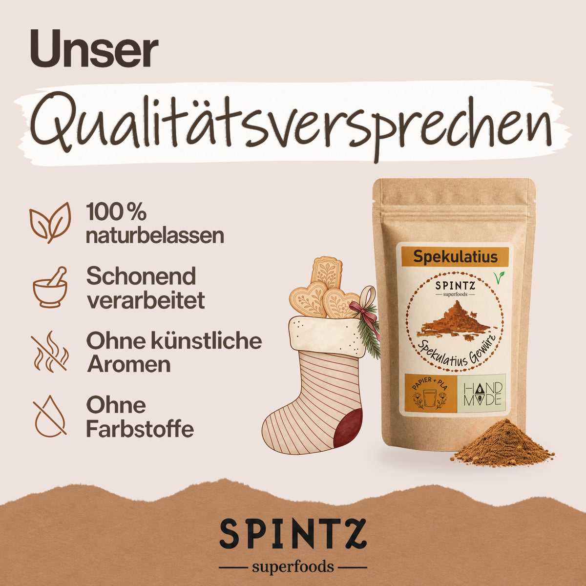 Qualitätsversprechen für SPINTZ Spekulatiusgewürz: naturbelassen, schonend verarbeitet und ohne künstliche Aromen.