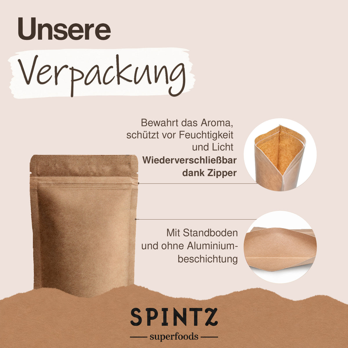 Wiederverschließbarer Kraftpapierbeutel für SPINTZ Spekulatiusgewürz mit Zipper und Standboden.