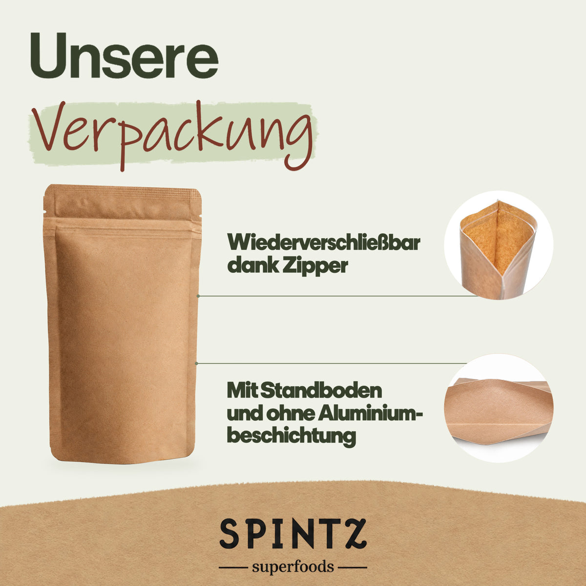 Verpackungsinformationen zum Kraftpapierbeutel für SPINTZ Bio-Tomatenpulver.