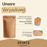 Verpackung des SPINTZ Bio-Bockshornklees mit Zipper, Standboden und PLA-Beschichtung aus nachwachsenden Rohstoffen.
