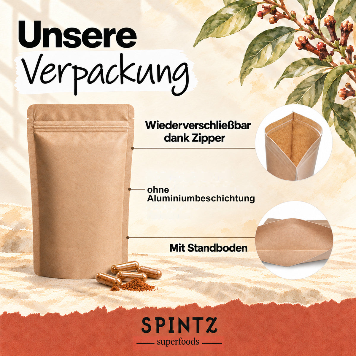 Verpackung der SPINTZ Bio-Nelken-Kapseln mit Zipper und Standboden, ohne Aluminiumbeschichtung.