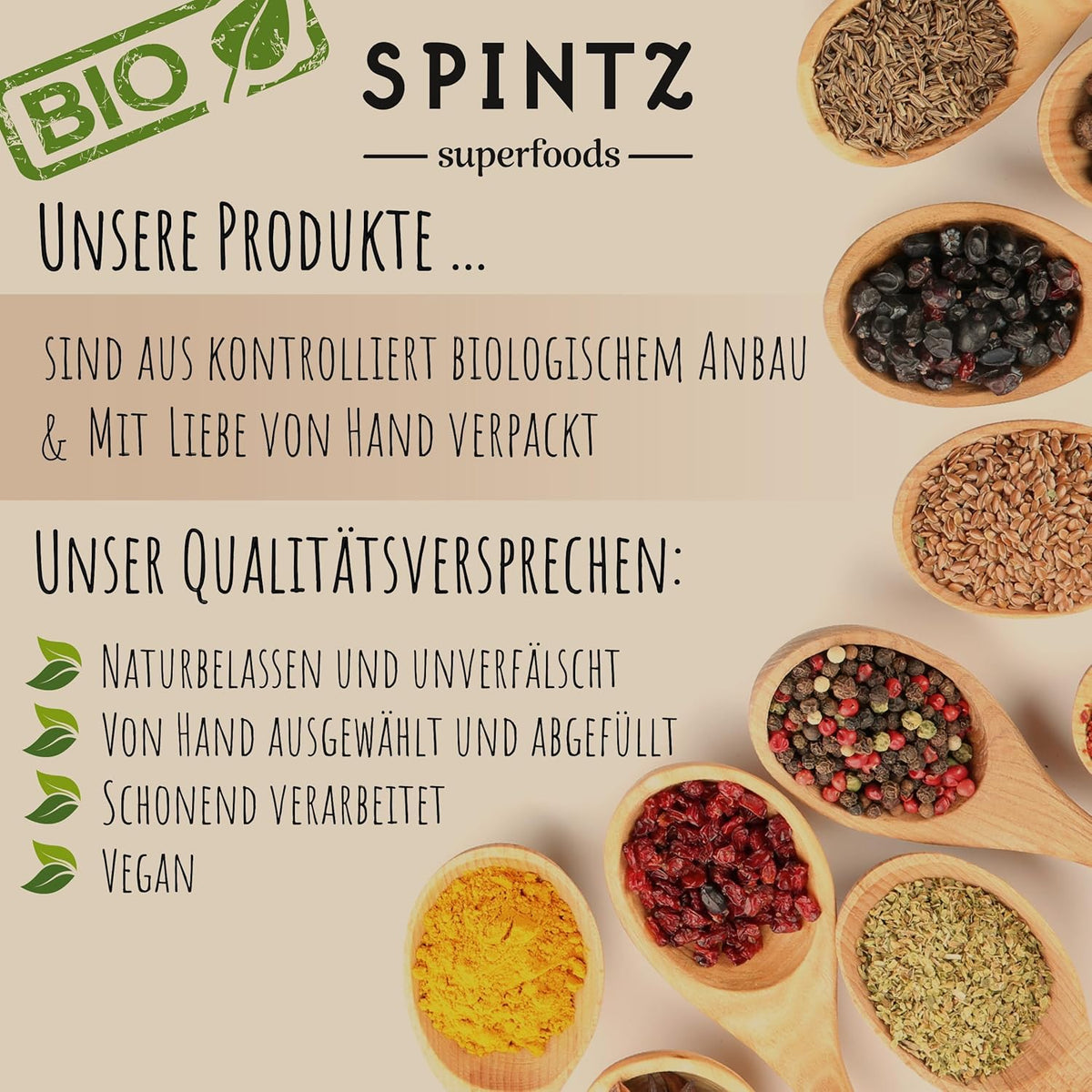 SPINTZ Qualitätsversprechen – natürliche Bio-Produkte ohne Zusatzstoffe, plastikfrei, vegan und handverpackt